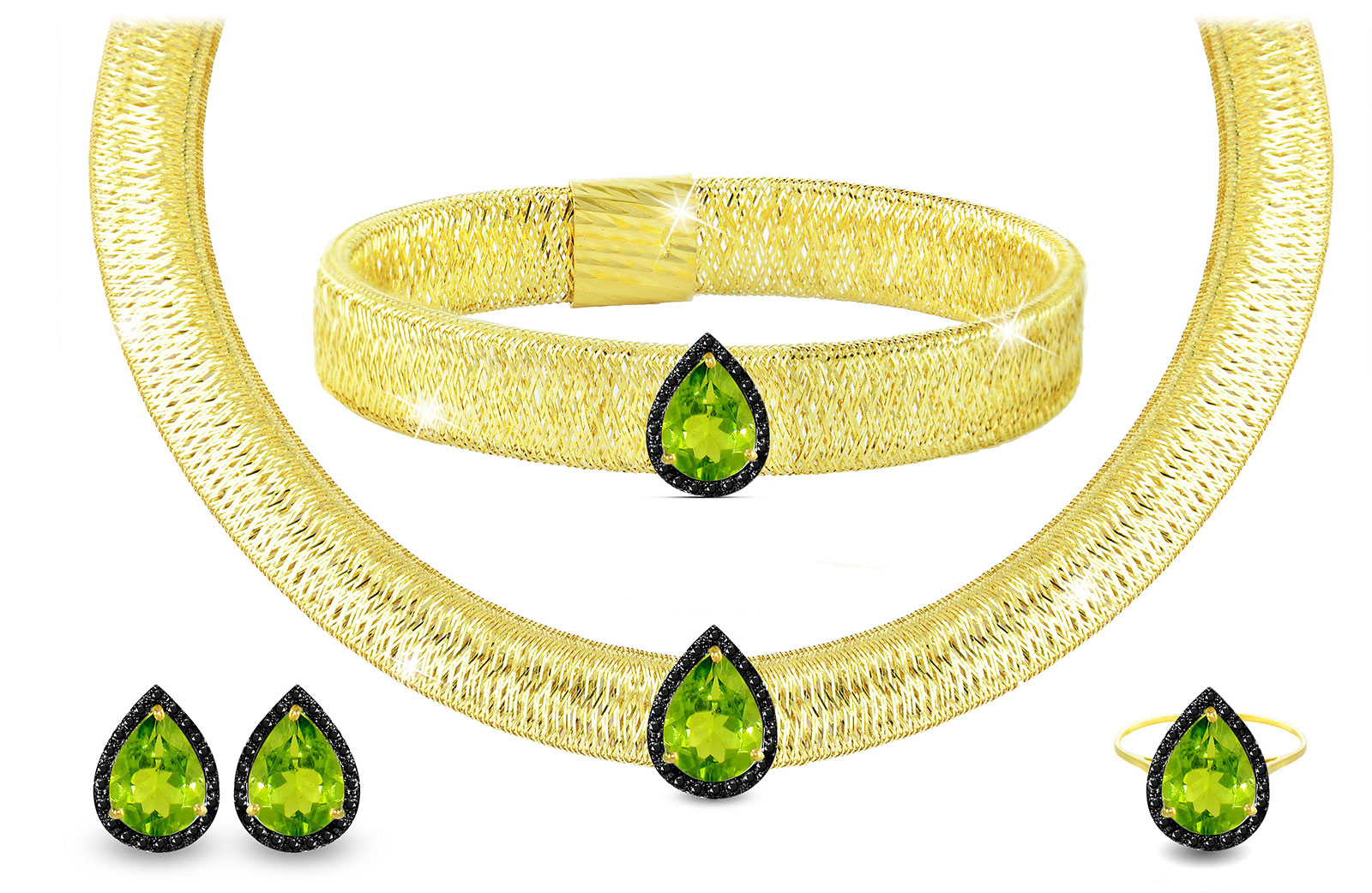 Vera Perla 18K Gold 0.60ct Black Diamonds, Peridot Jewelry Set - 4 pcs.